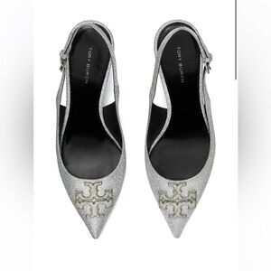 Tory Burch Eleanor Glitter Silver Pave Logo Slingback Heels